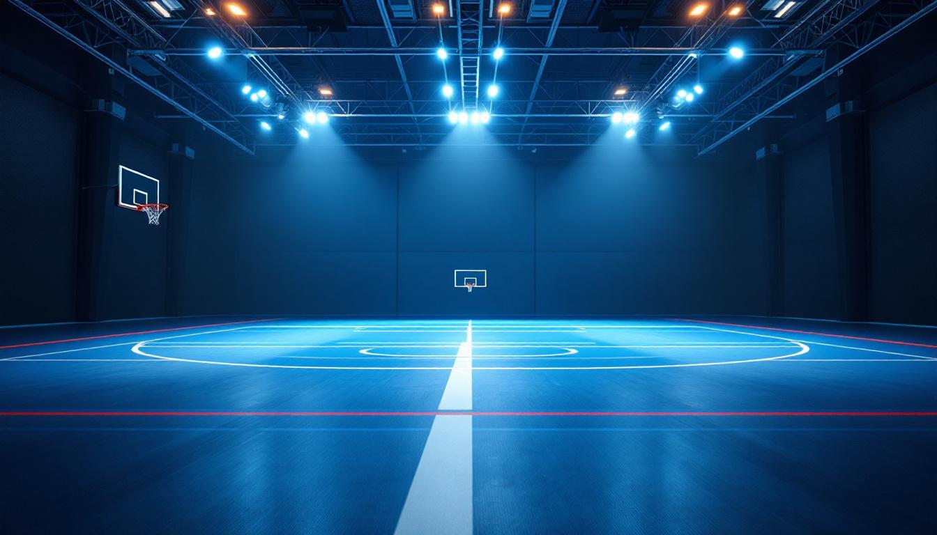 A photograph of a well-lit indoor sports court showcasing dynamic lighting controls in action