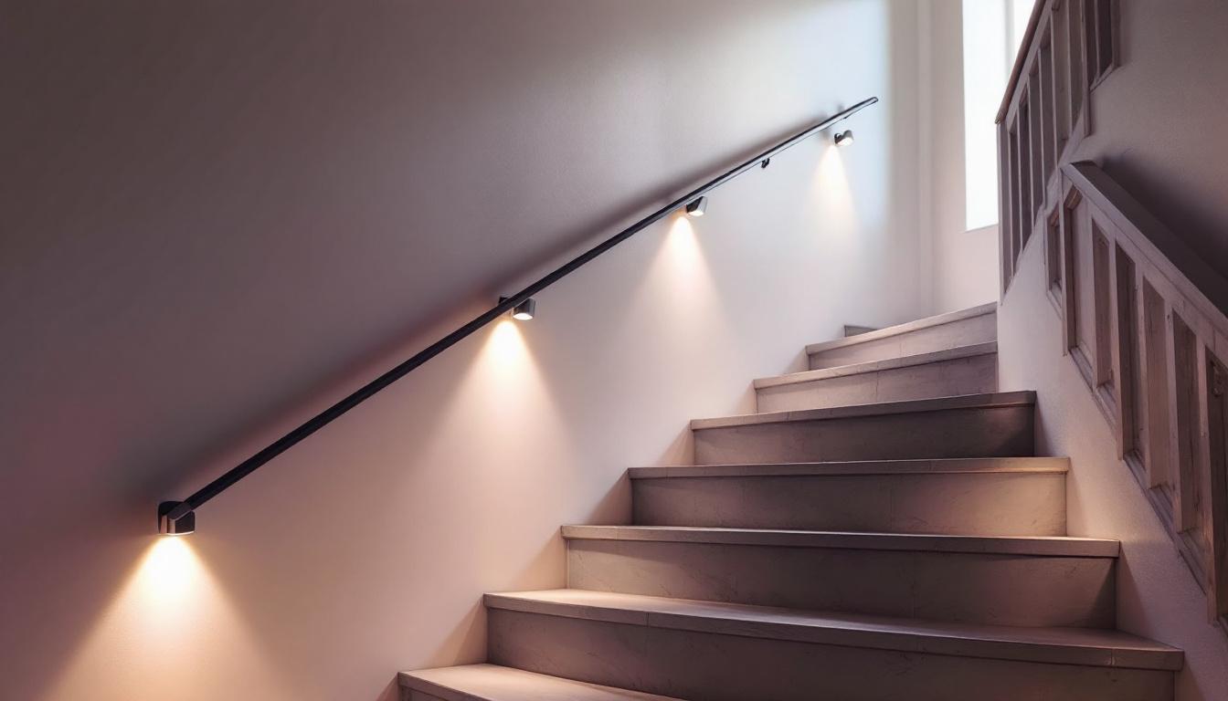 A photograph of a beautifully lit staircase featuring stylish wall-mounted lights that illuminate the steps
