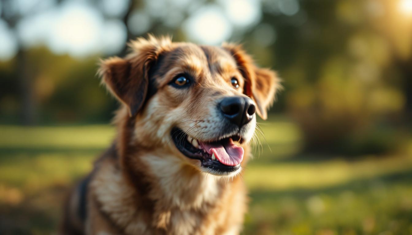 A photograph of a well-lit dog in an outdoor setting