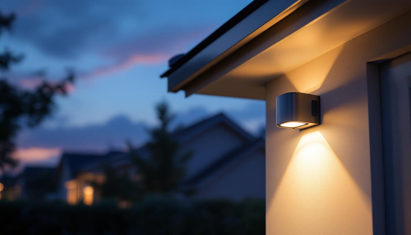 A photograph of a stylish soffit-mounted security light illuminating the exterior of a modern home at dusk