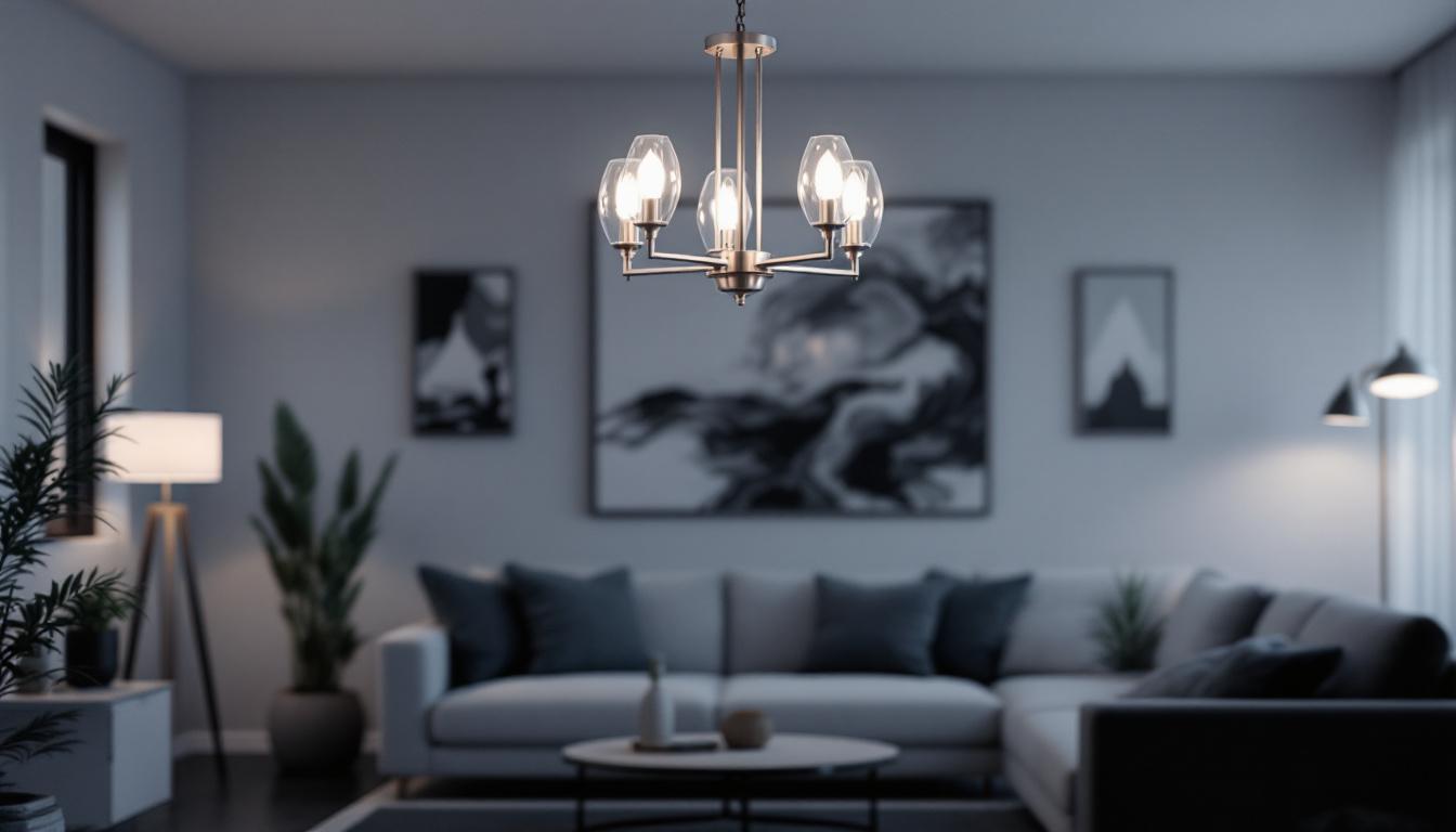 A photograph of a stylish five-light brushed nickel chandelier elegantly illuminated in a modern living space