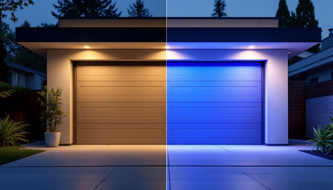 A photograph of a modern garage illuminated by sleek