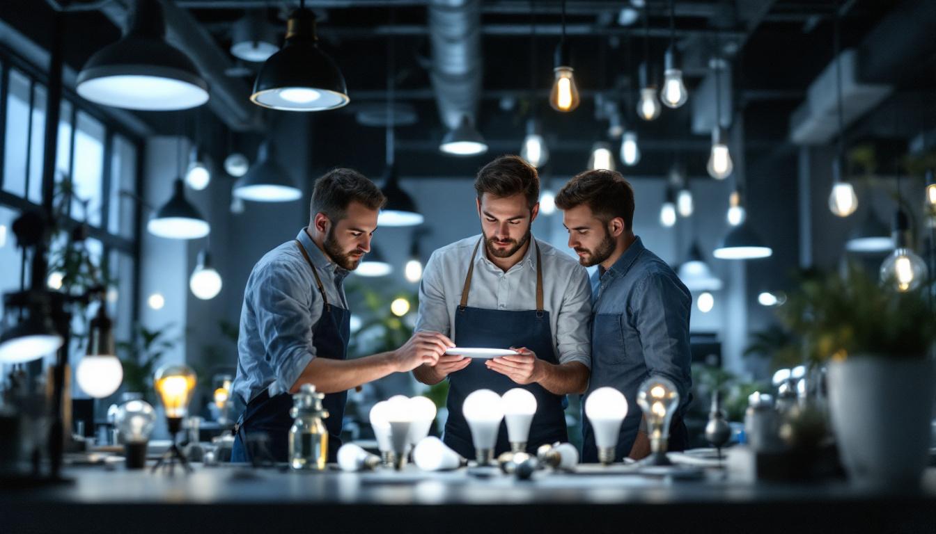 A photograph of a modern lighting design studio