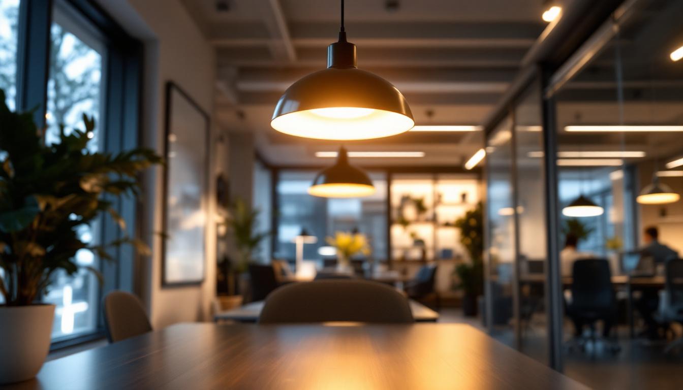 A photograph of a modern office space illuminated by sleek led light fixtures