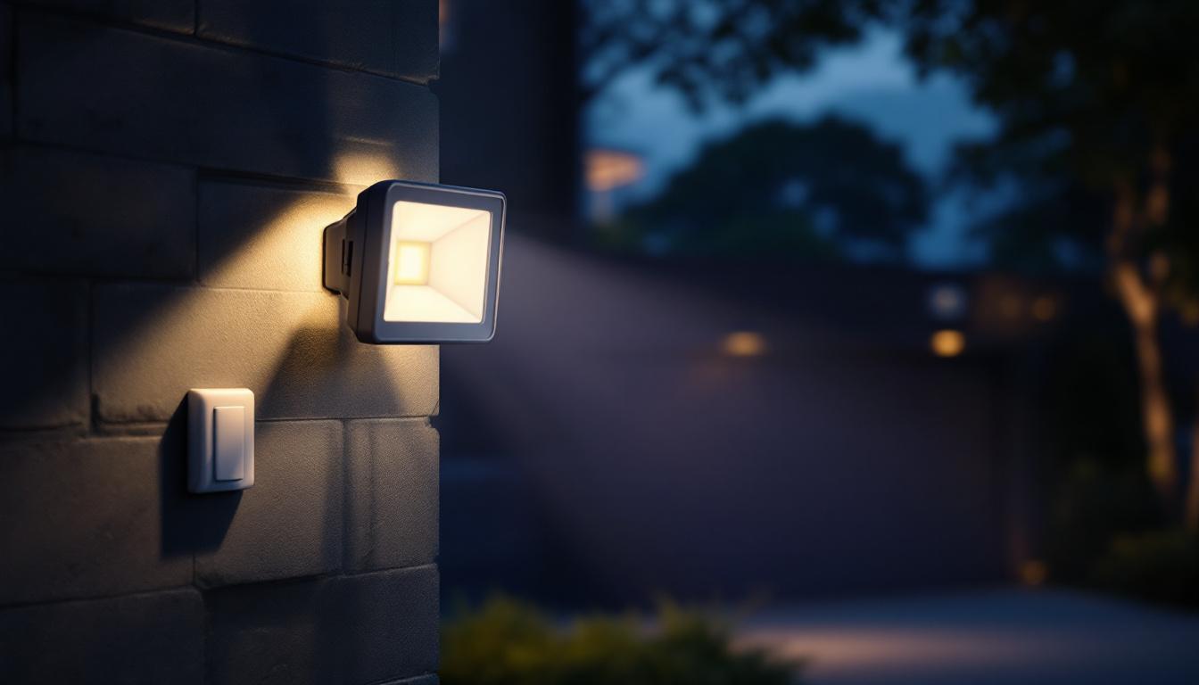 A photograph of a well-lit outdoor area showcasing a security flood light in action