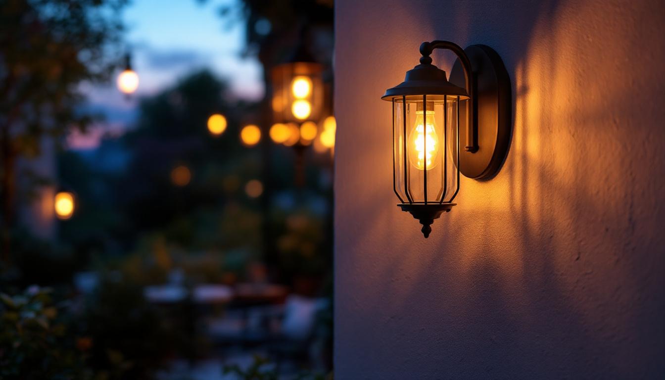 A photograph of a beautifully designed porch sconce in an inviting outdoor setting during twilight