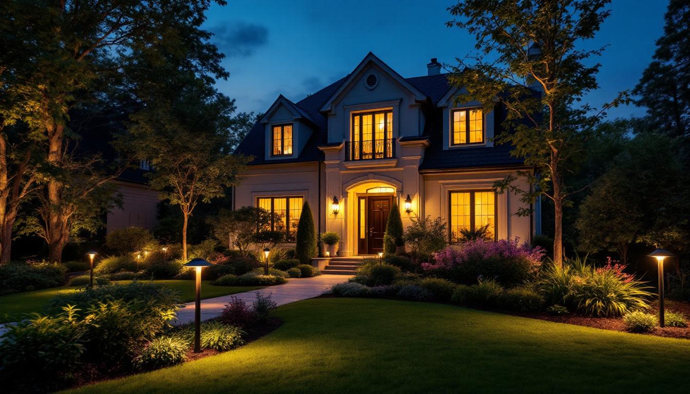 A photograph of a beautifully landscaped front yard illuminated by stylish solar lights at dusk