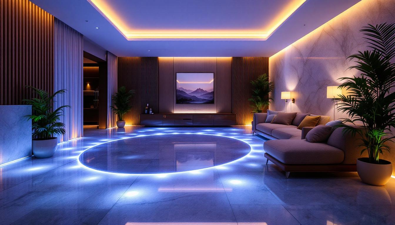 A photograph of a beautifully designed interior space featuring in-floor lighting