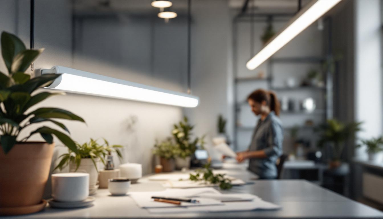 A photograph of a well-lit workspace showcasing a t5 fluorescent tube in use
