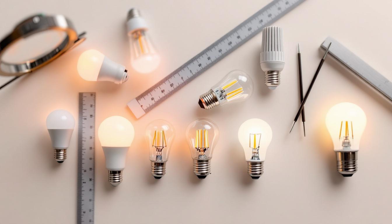 A photograph of a close-up shot of various led bulbs in different shapes and sizes arranged on a clean