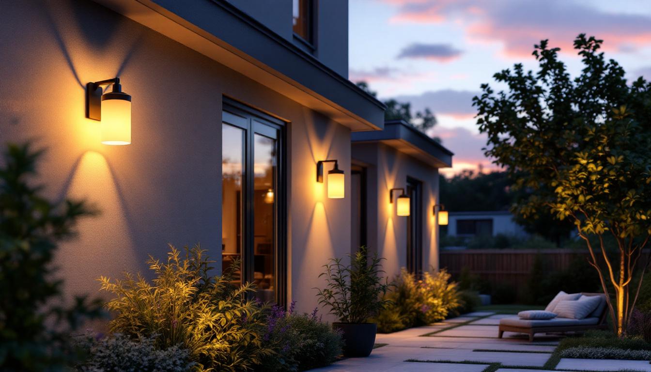 A photograph of a beautifully designed outdoor space illuminated by stylish bracket lights at dusk