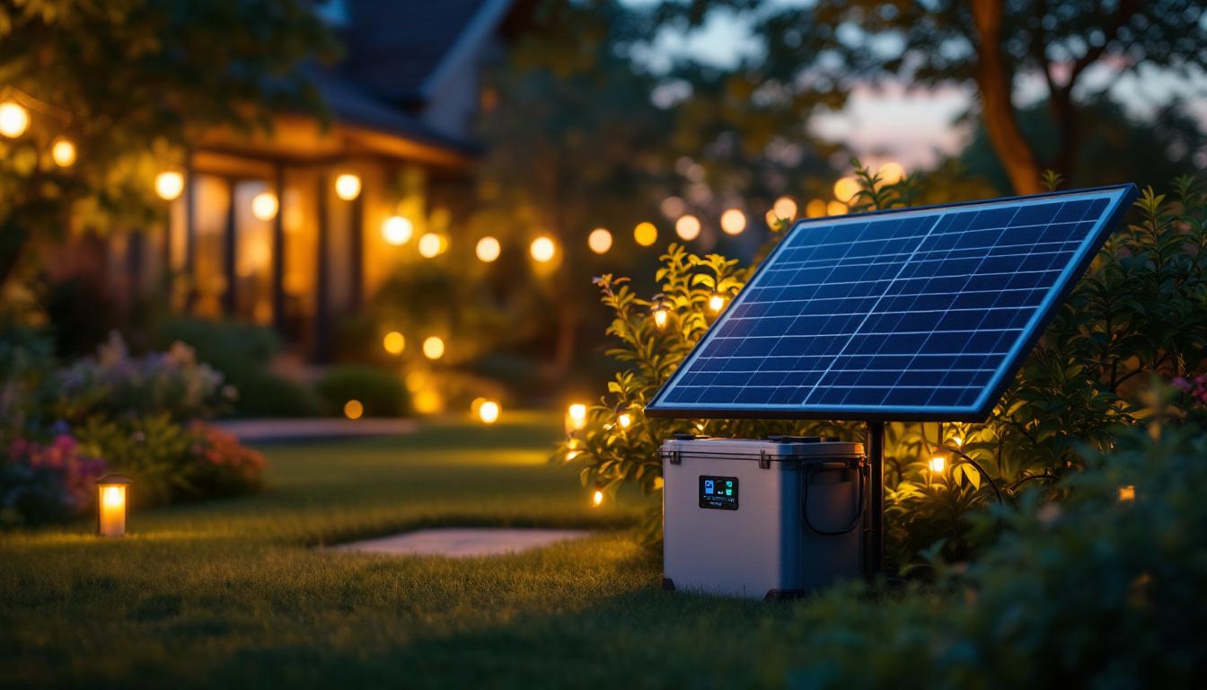 A photograph of a solar-powered outdoor lighting setup in a beautifully landscaped garden at dusk