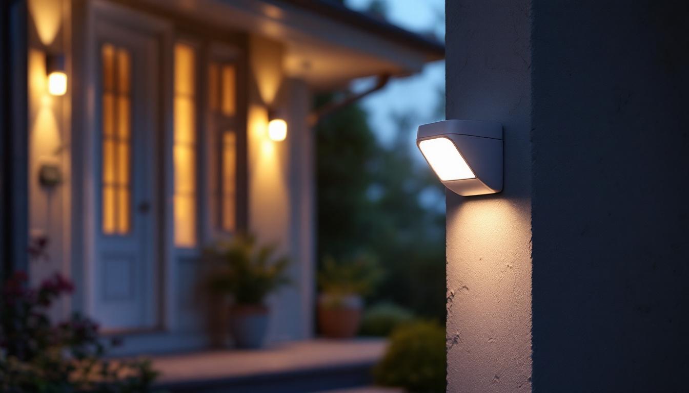 A photograph of a well-lit porch featuring a modern motion sensor light in action