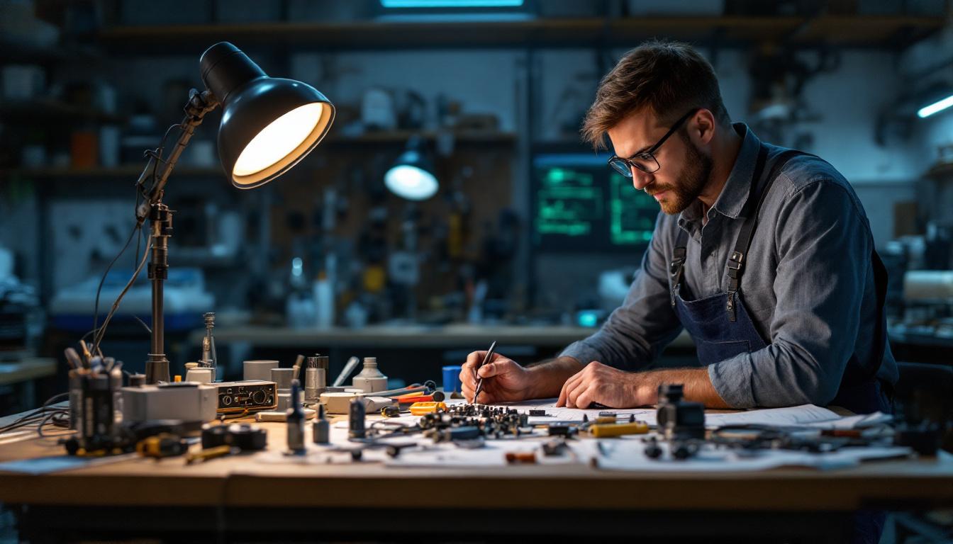 A photograph of a skilled electrical engineer examining a combo light setup in a workshop