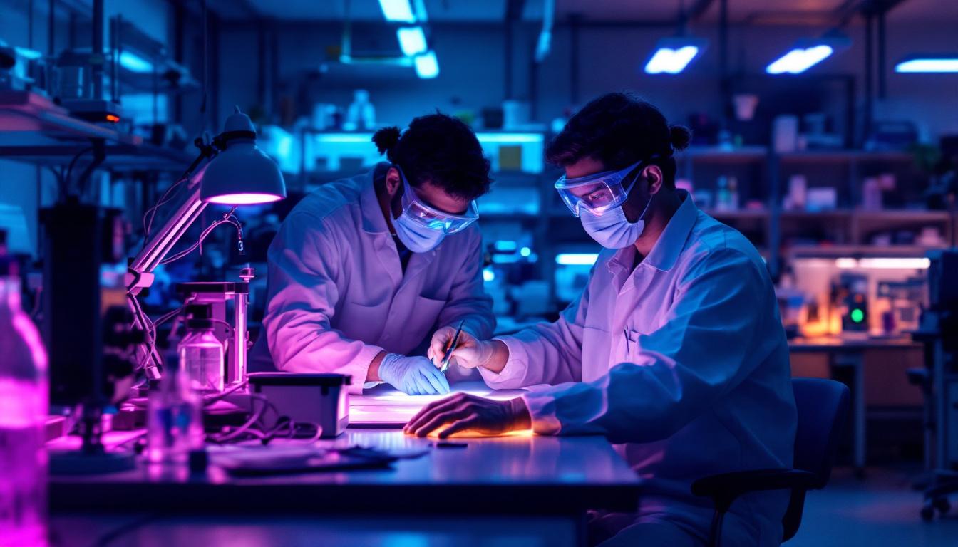 A photograph of a laboratory setting where engineers are working with ultraviolet light equipment