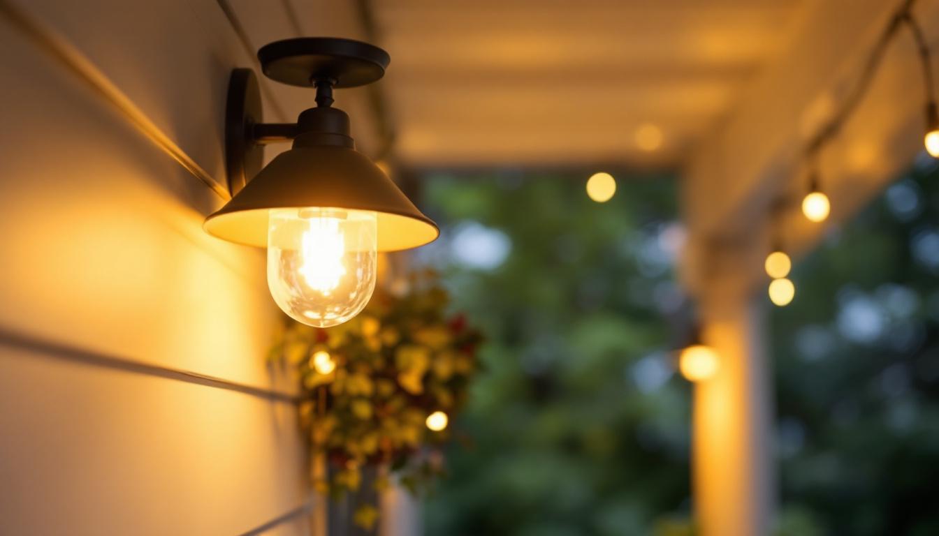 A photograph of a close-up of a flush porch light fixture with a warm glow illuminating a cozy porch setting