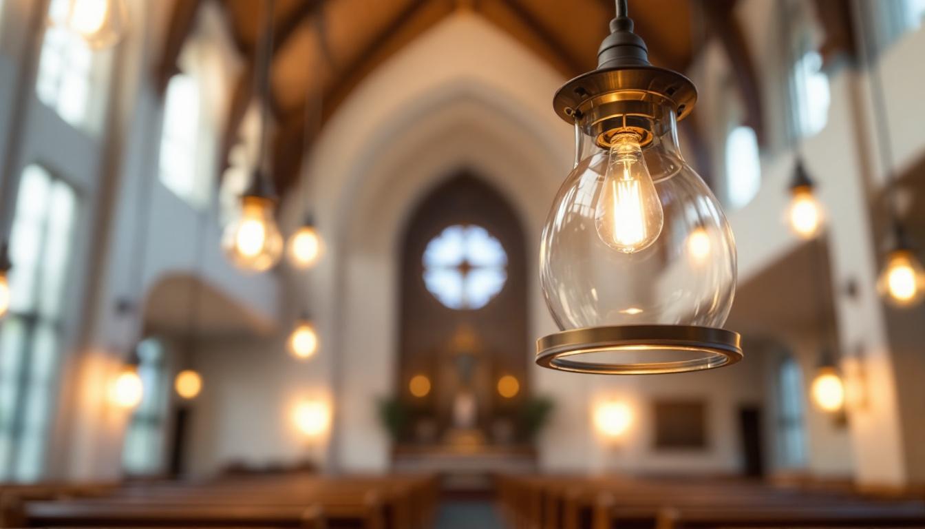 A photograph of a beautifully designed church pendant light fixture illuminating a serene worship space