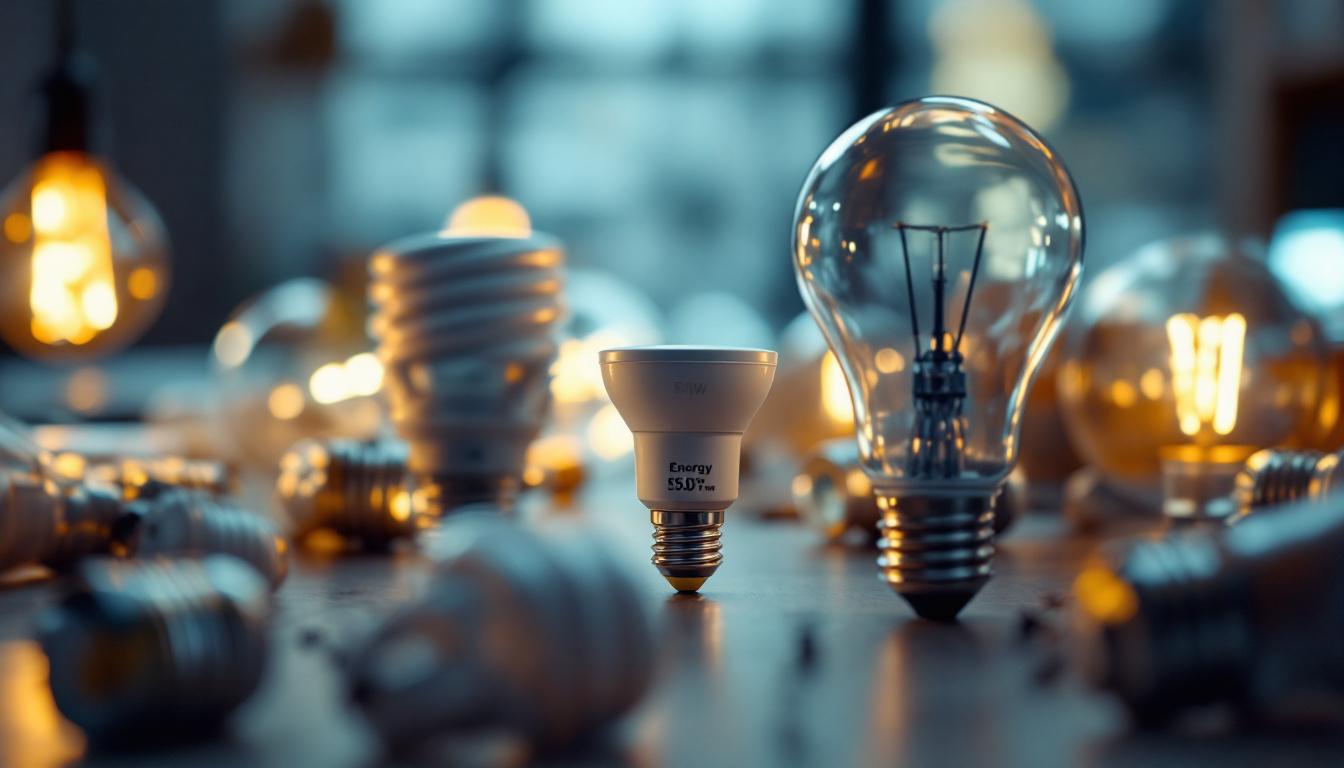 A photograph of a close-up of various light bulbs