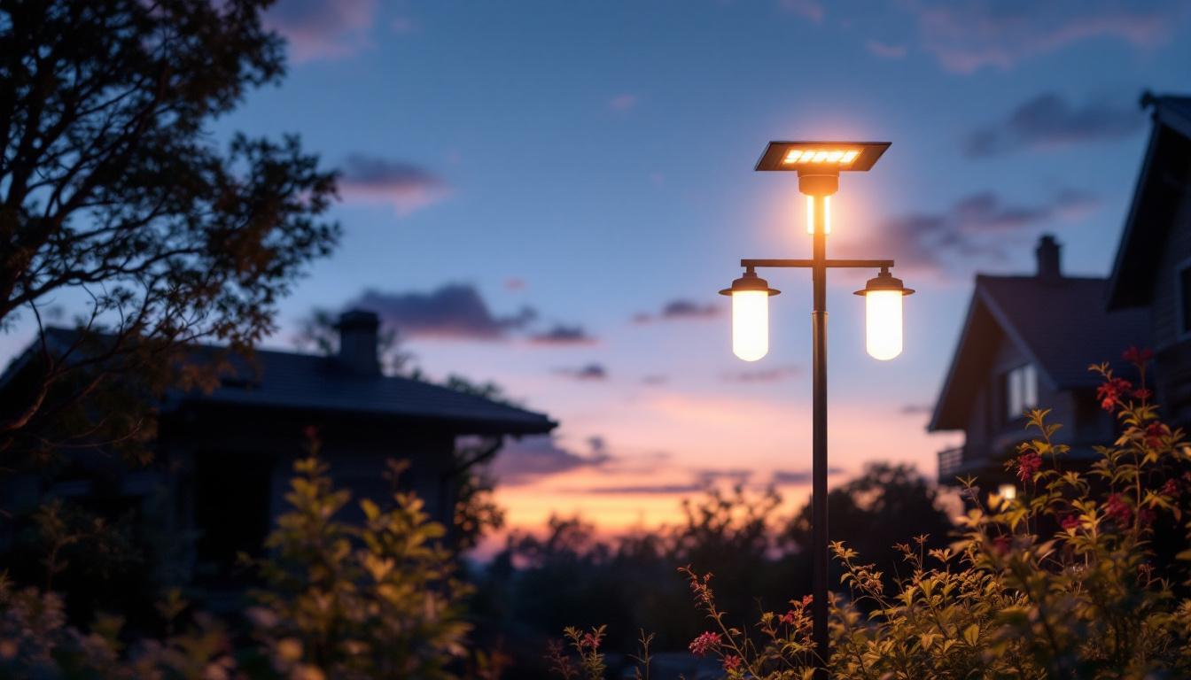 A photograph of a beautifully illuminated led solar lamp post in a serene outdoor setting during twilight