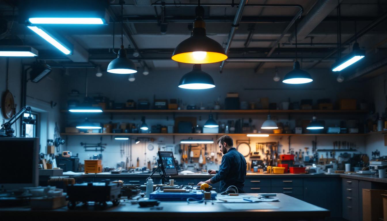 A photograph of a well-lit garage workshop showcasing various types of lighting fixtures—such as overhead leds