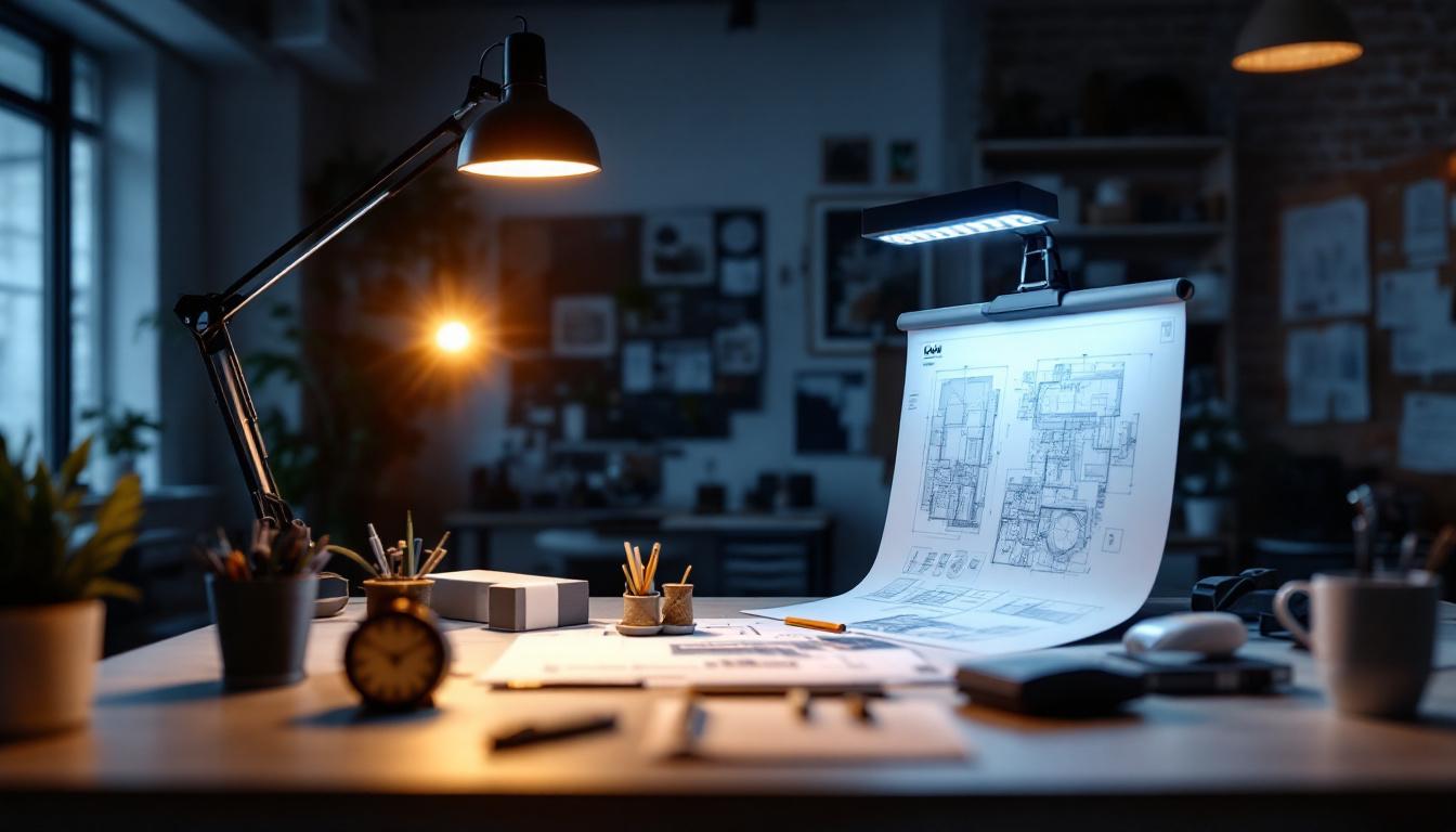 A photograph of capture a photograph of a modern workspace featuring quasar led lights illuminating various engineering tools and design plans