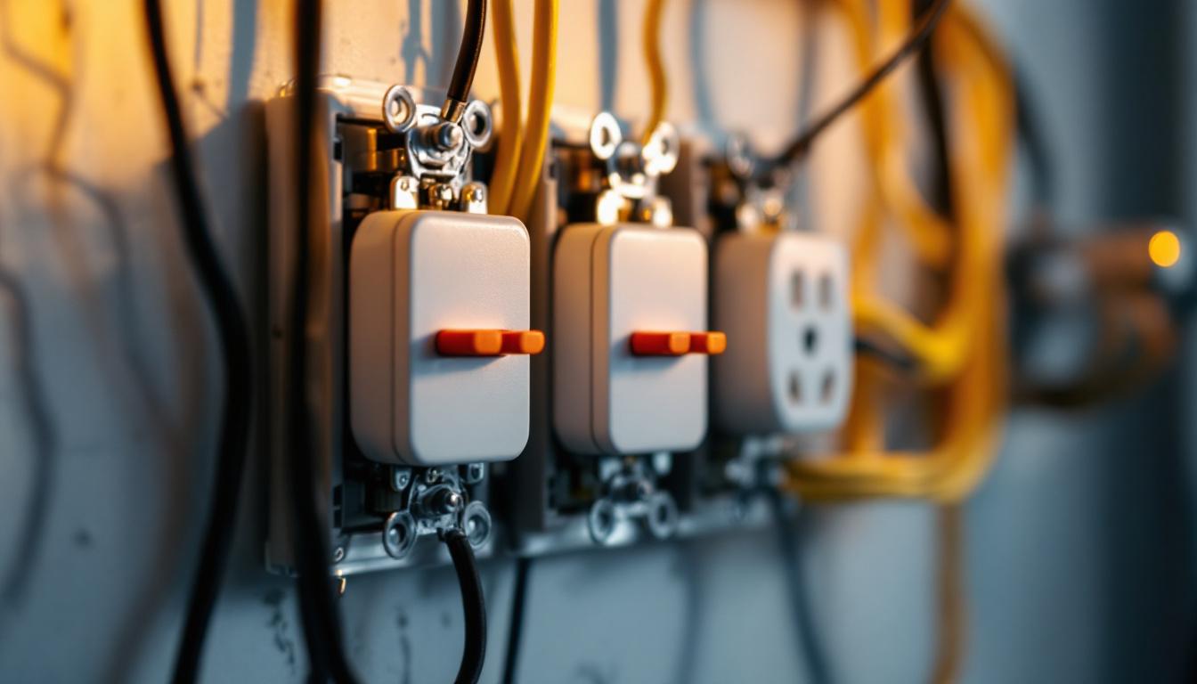 A photograph of a close-up of a well-wired electrical switch and outlet setup