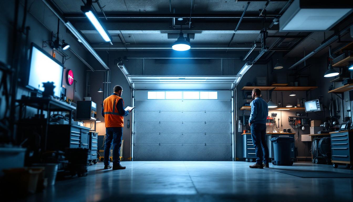 A photograph of a well-lit garage showcasing various lighting options