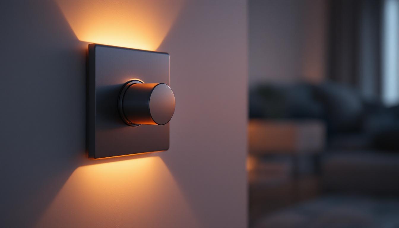 A photograph of a stylish light dimmer switch in a modern home setting