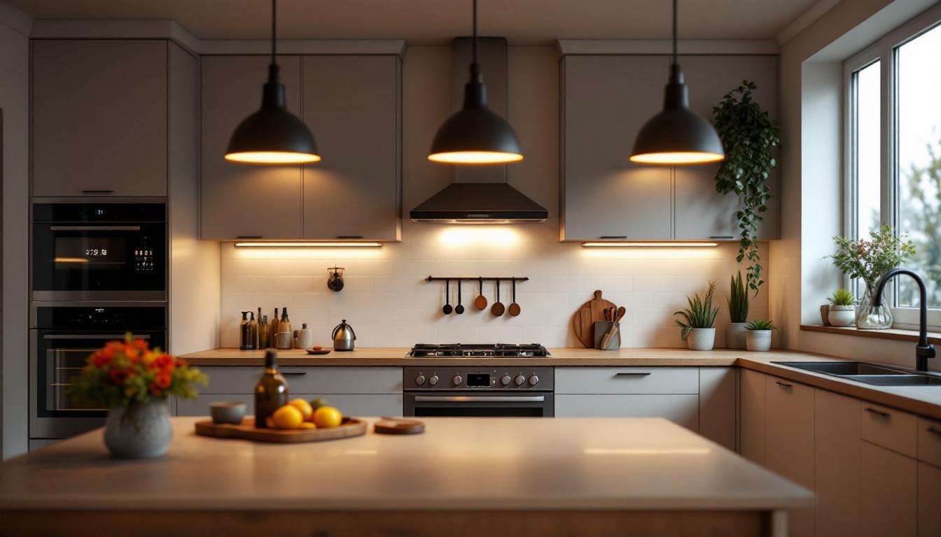 A photograph of a beautifully designed kitchen featuring modern overhead lighting fixtures that highlight the space