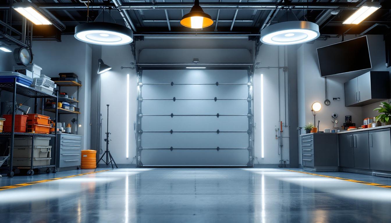 A photograph of a well-lit garage showcasing a variety of compliant light fixtures