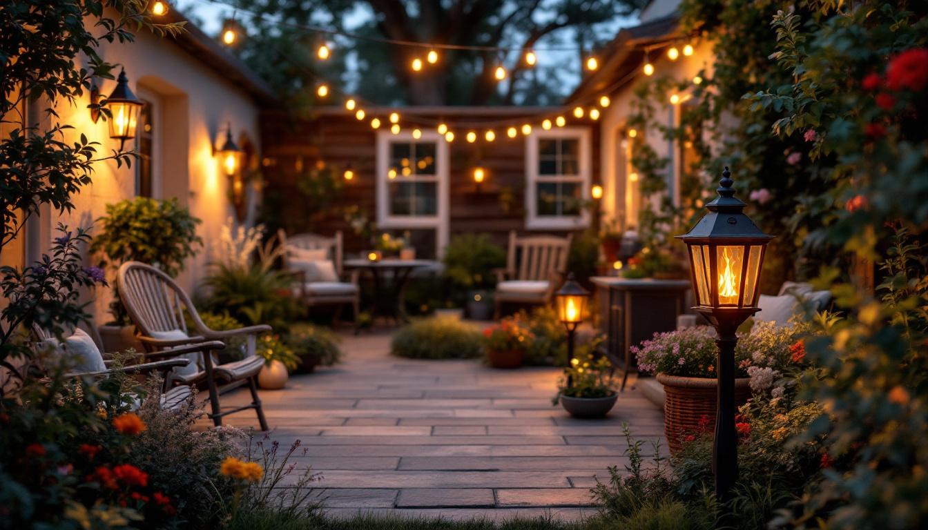 A photograph of a beautifully designed outdoor space featuring traditional gas lights illuminating a cozy patio or garden area