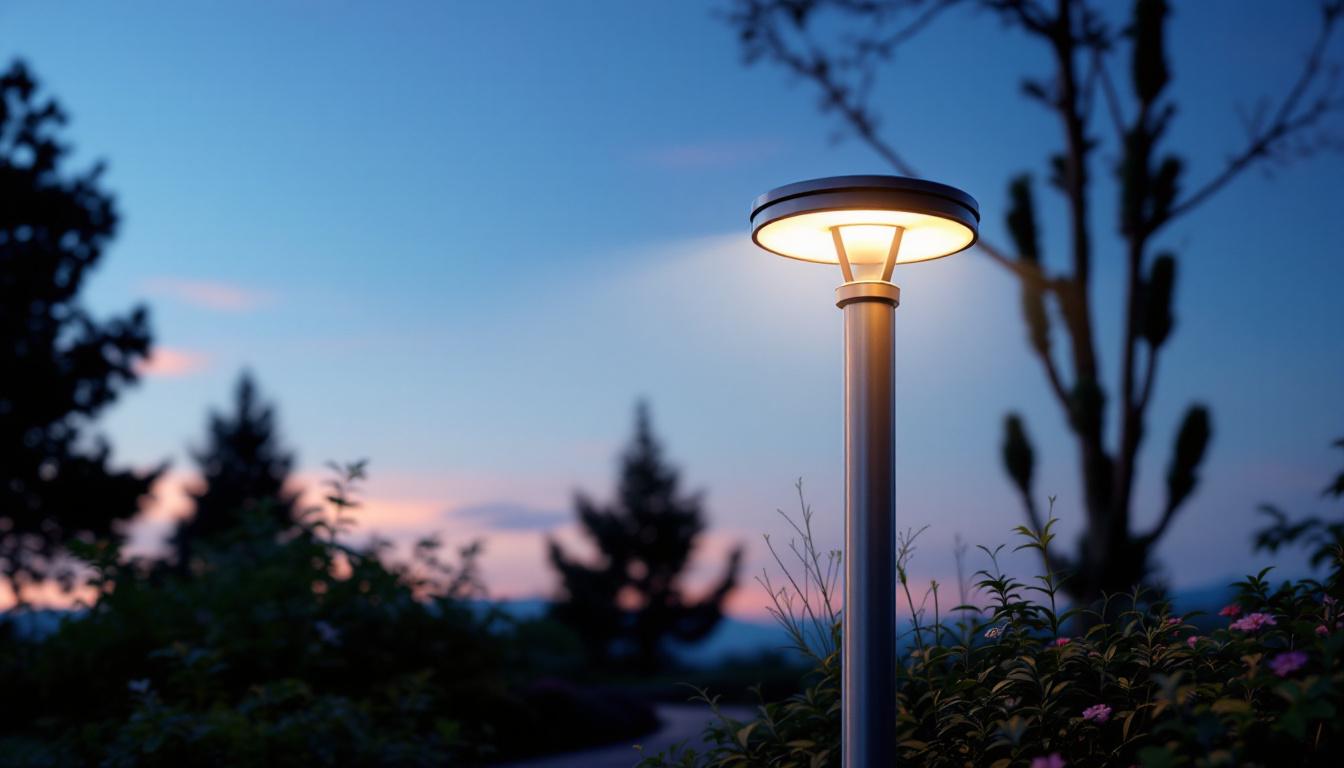 A photograph of a beautifully designed solar outdoor lamp post illuminated at dusk