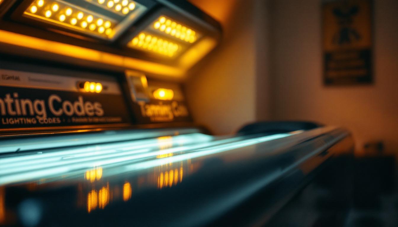 A photograph of a tanning salon interior showcasing a tanning bed with illuminated bulbs