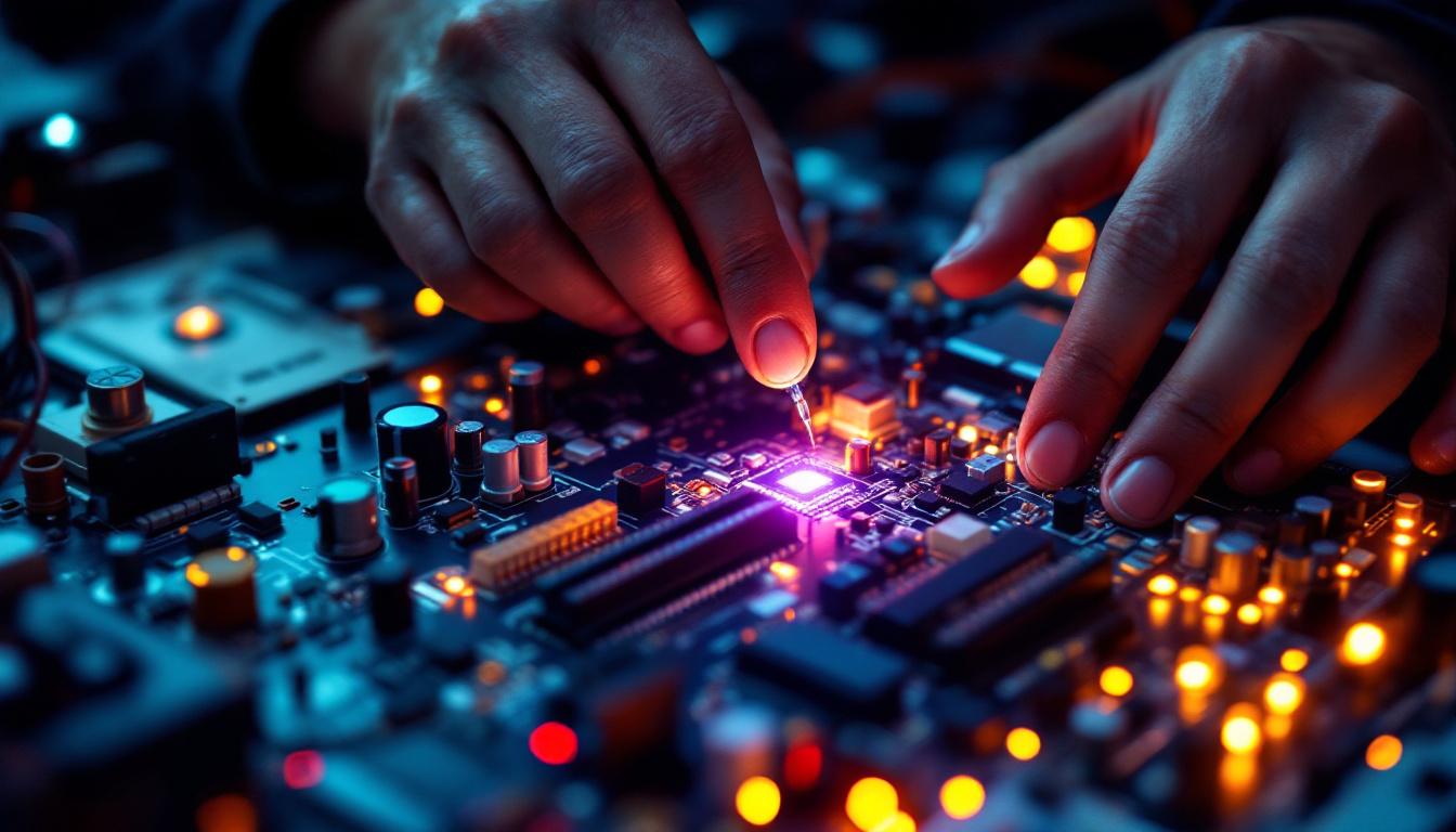 A photograph of a close-up shot of an electrical engineer working on a programmable timer light circuit