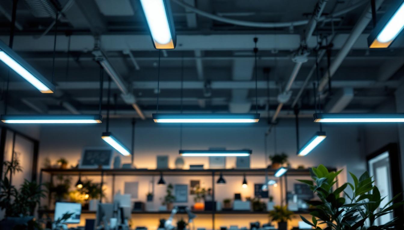 A photograph of a well-lit workspace featuring fluorescent tubes overhead