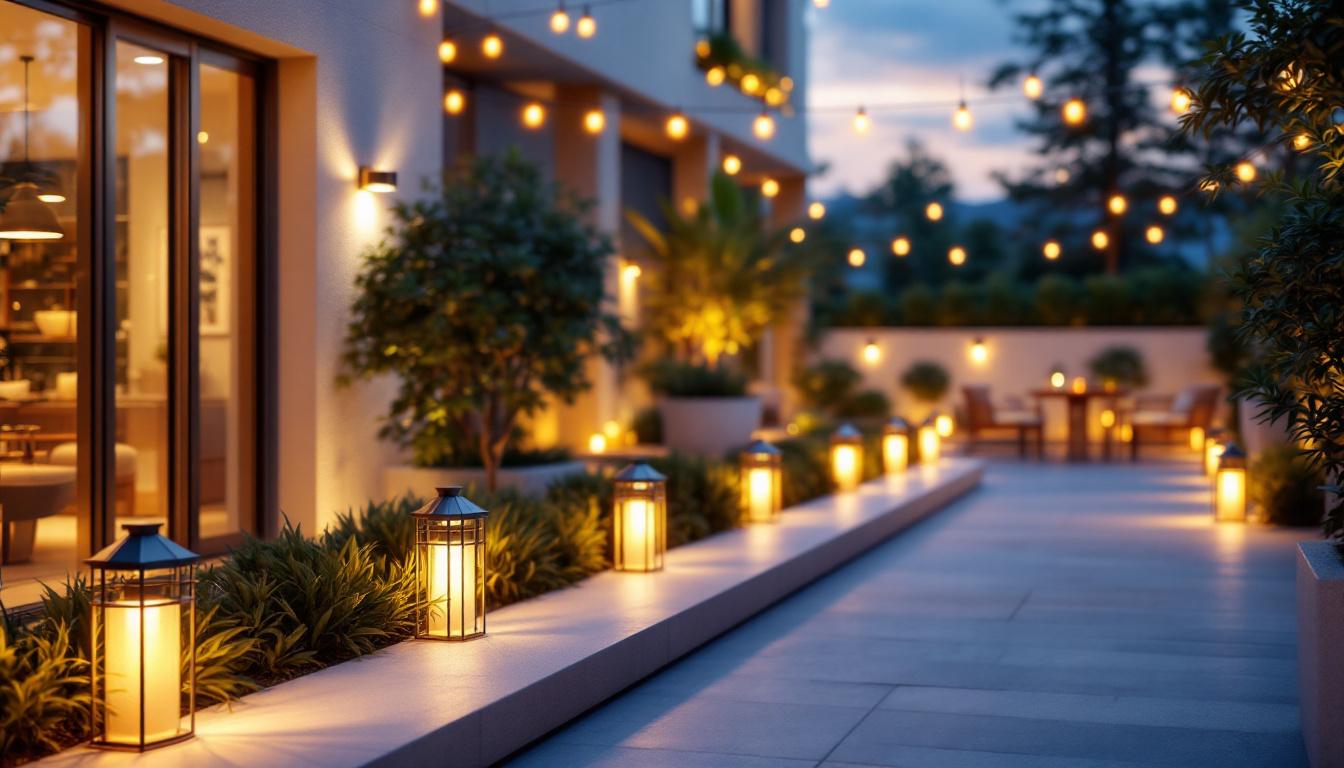 A photograph of a beautifully illuminated outdoor space featuring stylish discount lighting fixtures