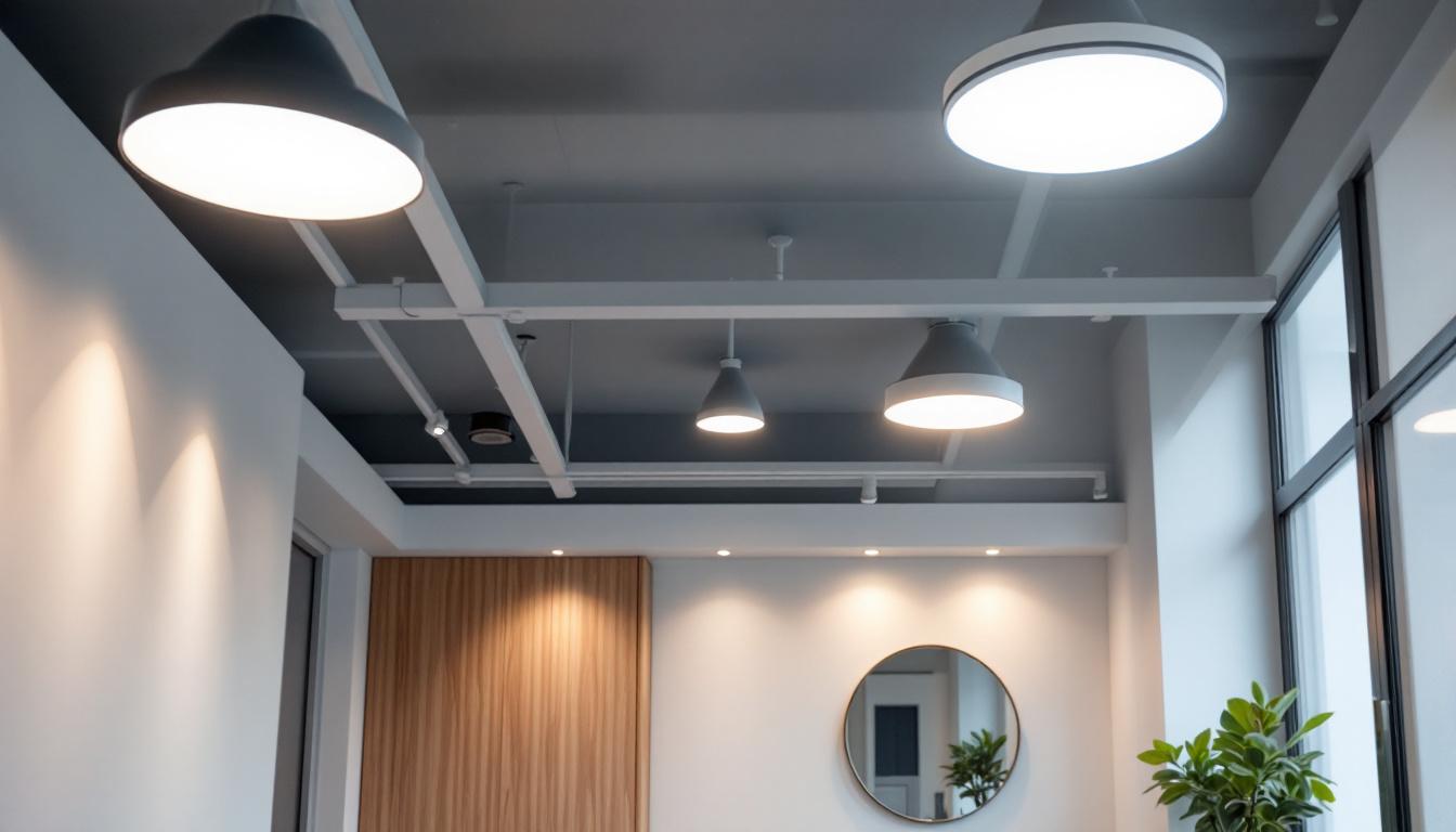 A photograph of a well-lit modern interior featuring various styles of recessed lighting