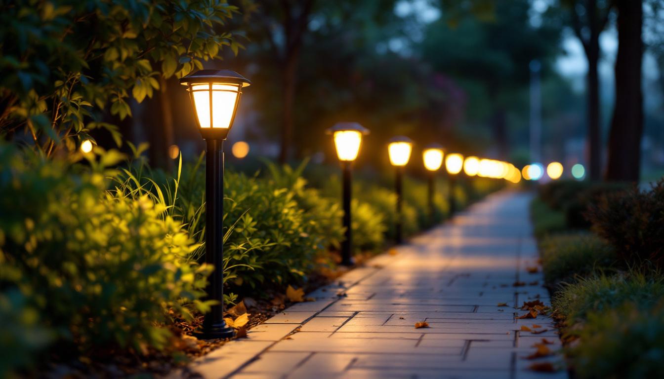 A photograph of capture a photograph of a well-lit outdoor pathway adorned with stylish solar lights
