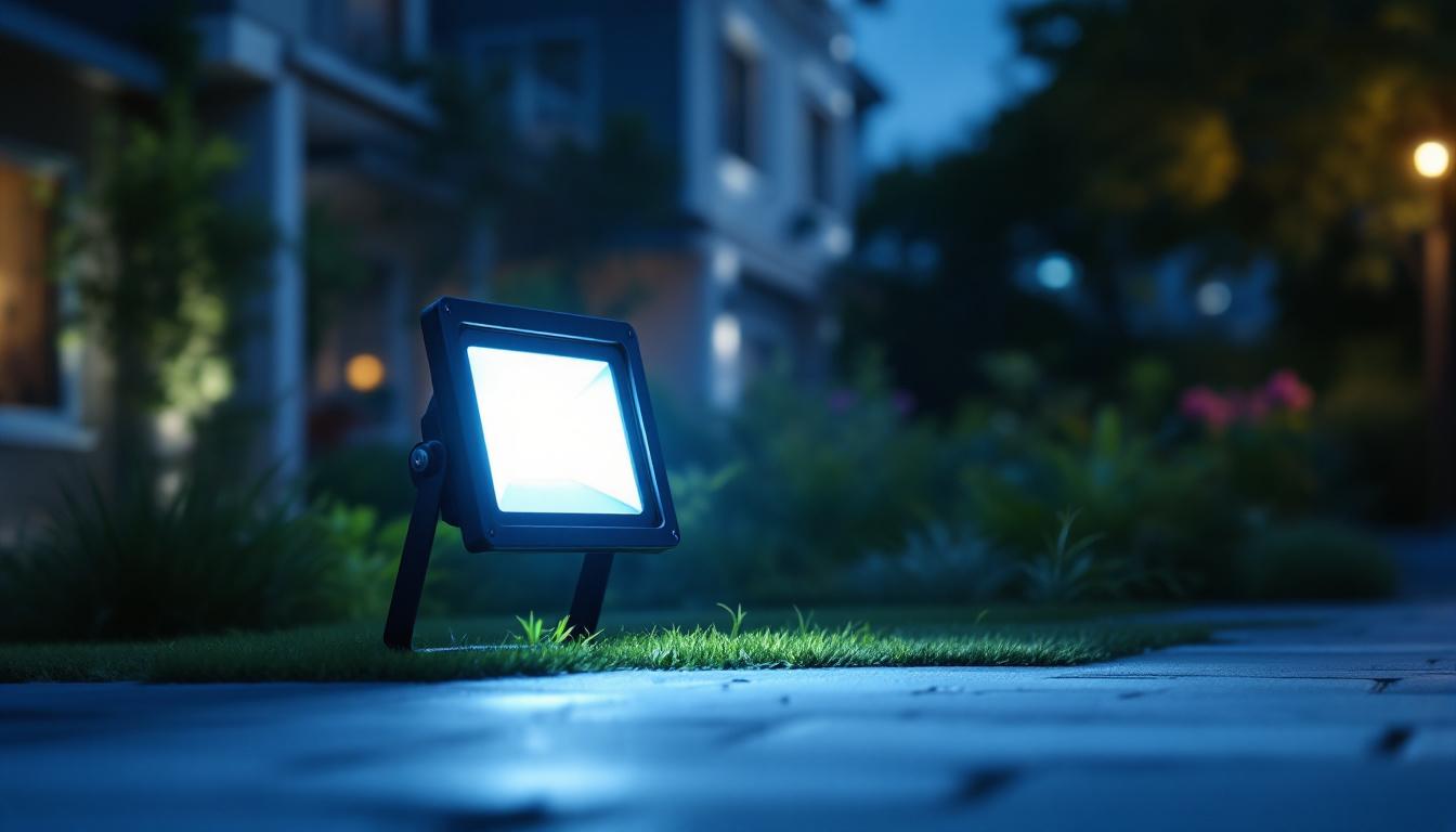 A photograph of a dusk-to-dawn led flood light illuminating a vibrant outdoor scene
