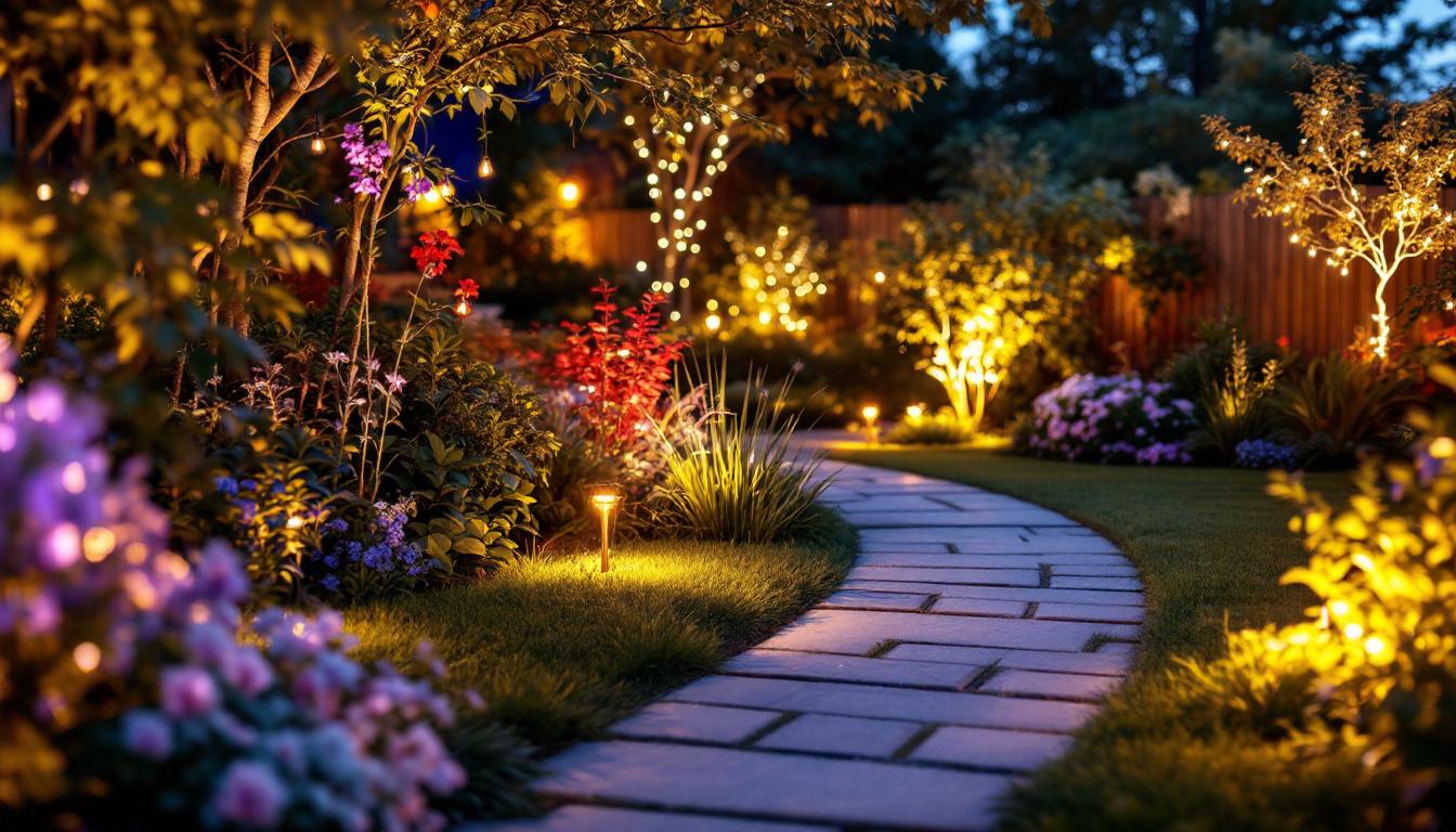 A photograph of a beautifully illuminated garden scene at dusk