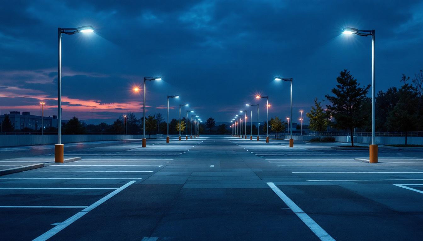 A photograph of a well-lit outdoor parking lot showcasing various types of light fixtures in action during dusk or nighttime