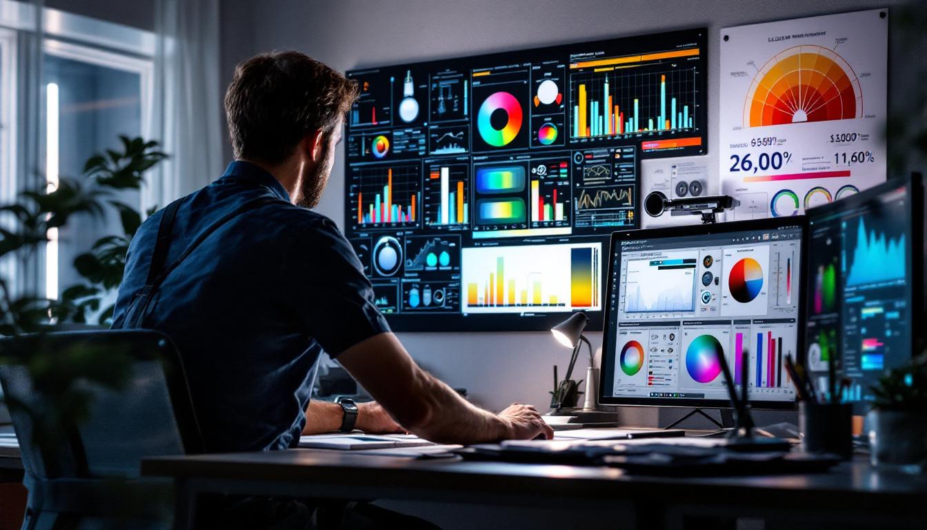 A photograph of a well-lit workspace featuring an electrical engineer analyzing lighting designs