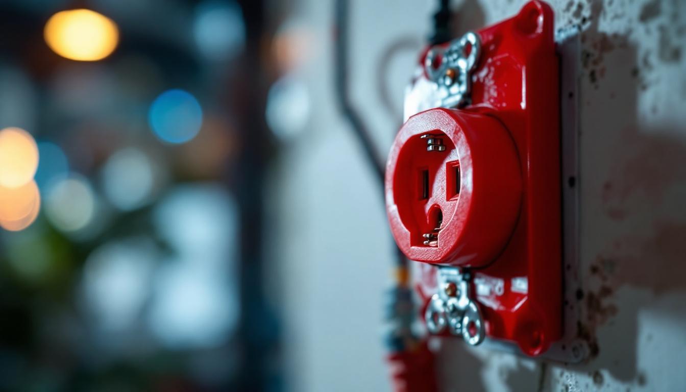 A photograph of a close-up view of a red electrical receptacle installed in a modern setting