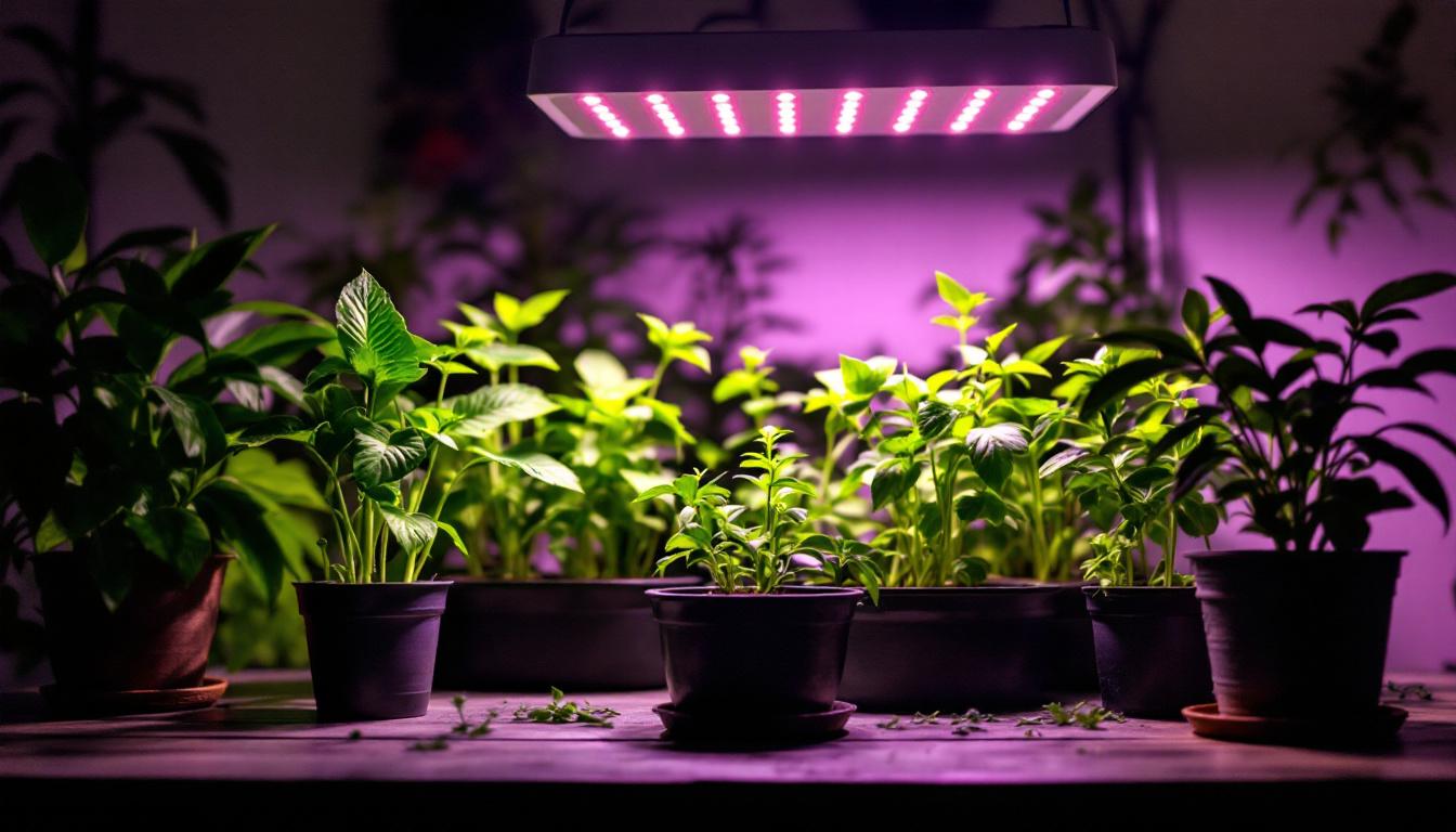 A photograph of a vibrant indoor gardening setup featuring a 500-watt led grow light illuminating healthy plants