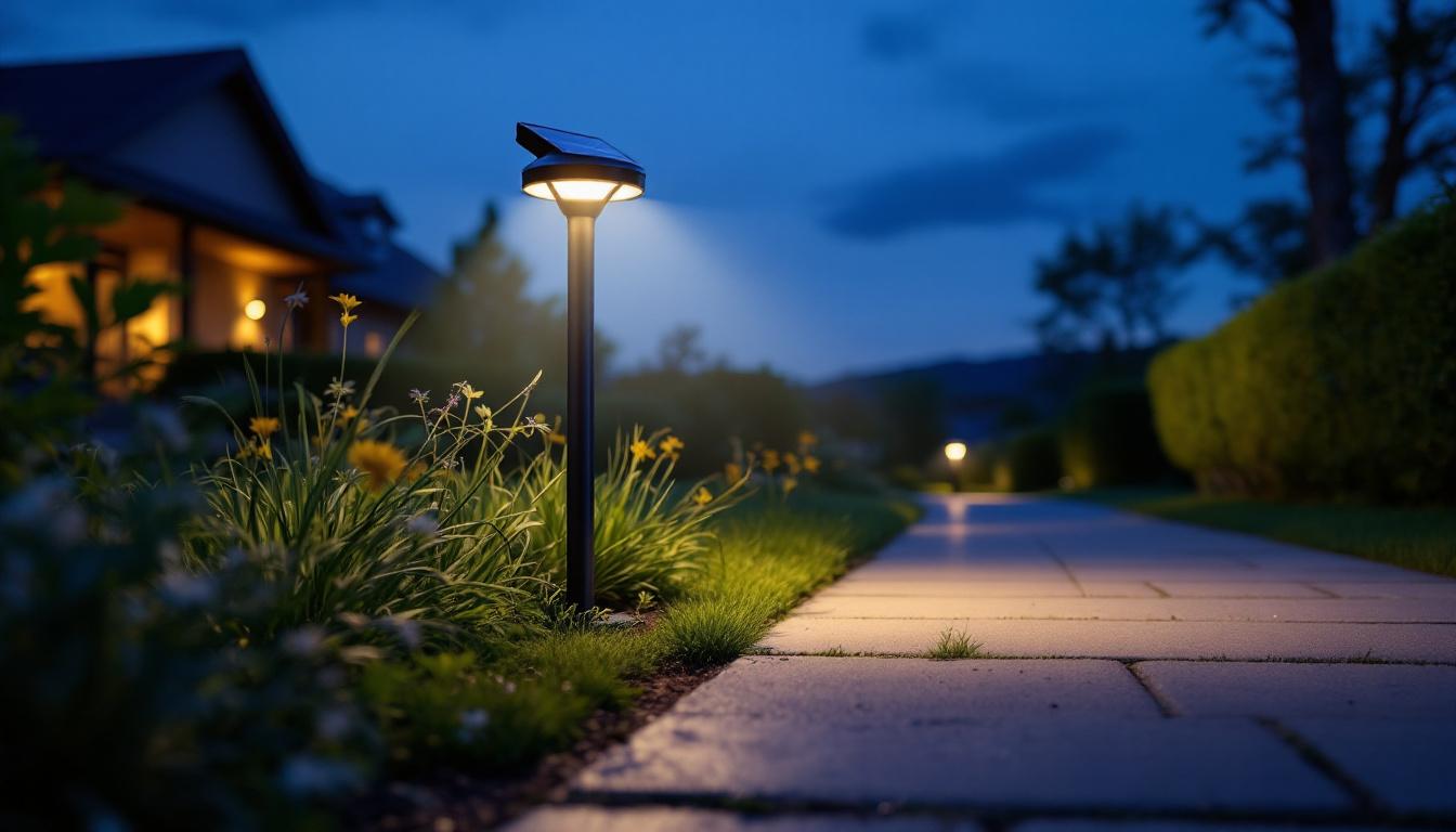 A photograph of a solar dusk to dawn light illuminating a pathway or garden at night