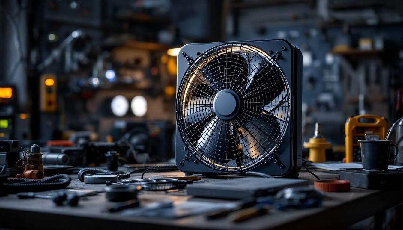 A photograph of a small industrial fan in an engineering workspace