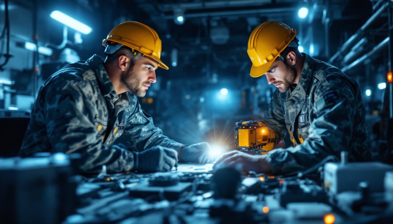 A photograph of a dynamic scene featuring electrical engineers collaborating on innovative lighting solutions in a military setting