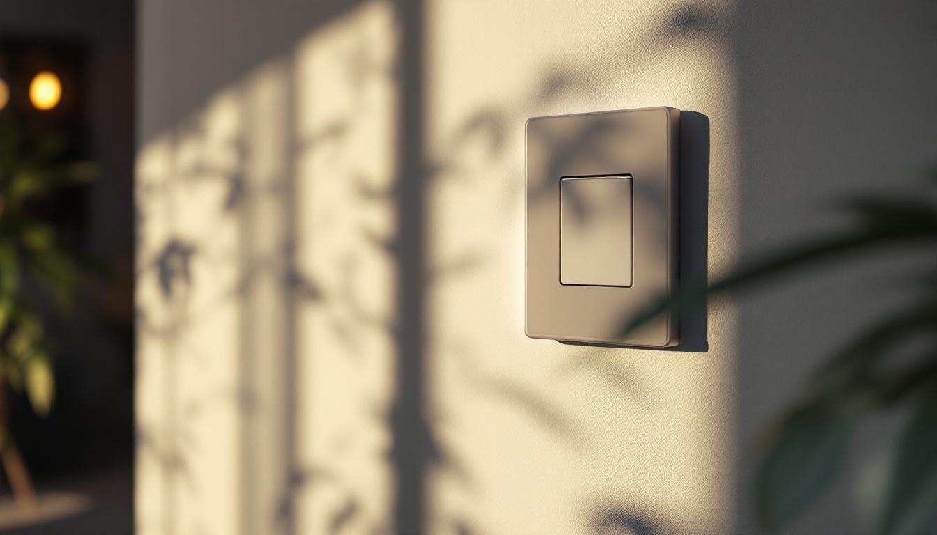 A photograph of a close-up shot of a modern 12v light switch installed in a stylish