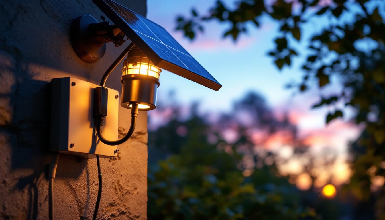A photograph of a solar conversion kit installed on an outdoor light fixture in a serene garden setting