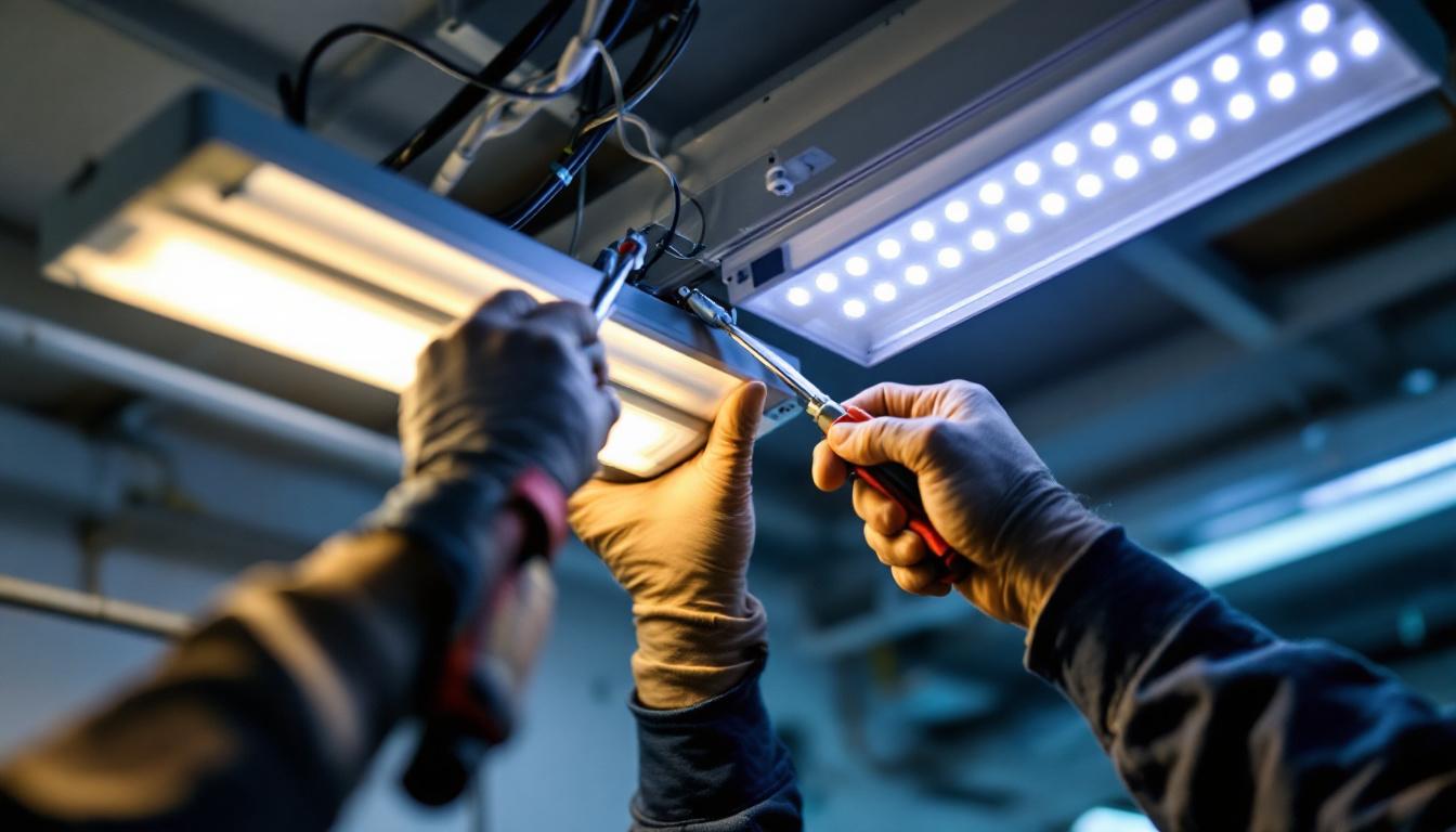 A photograph of a close-up of a technician installing an led retrofit kit into a fluorescent light fixture
